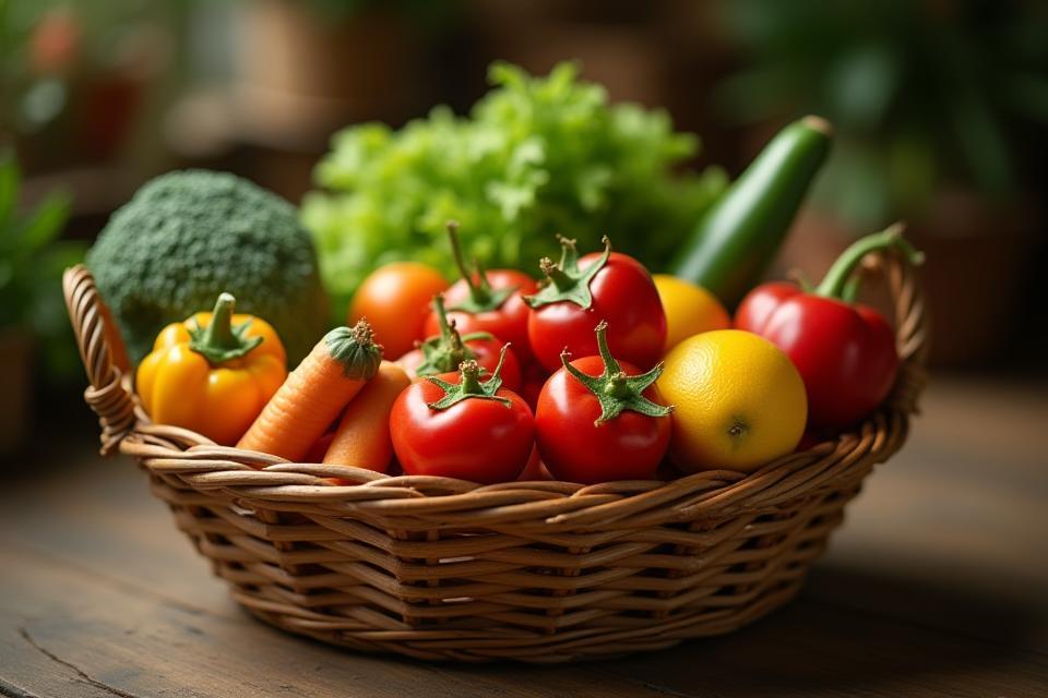 Fresh fruits and vegetables arranged in a basket